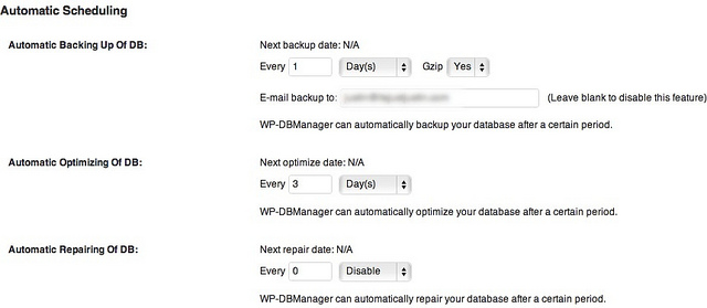 WP-Database backup settings